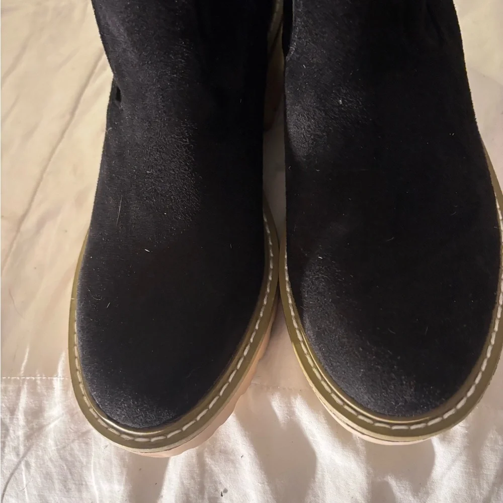 Black Over-the-Knee Wedge Boots with Tan Lug Sole Tie for An Adjustable Top NB